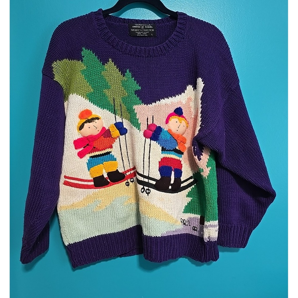 Vtg Isabella Raquel 3d Kid Skiing Winter Snow Handmade Peru Sweater 100% Cotton
